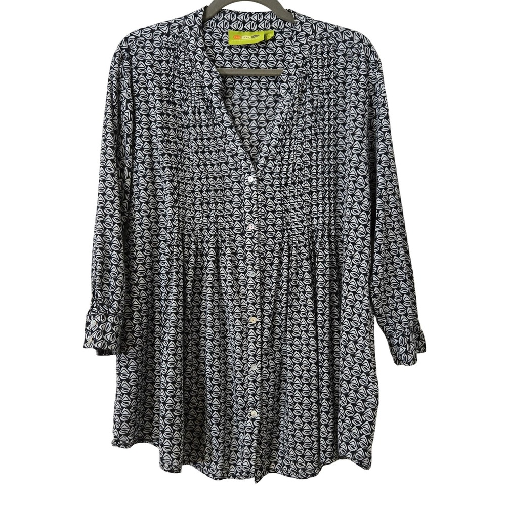 Rockflowerpaper Womens XL Boho Black White Geometric Print Pintuck Cotton Tunic